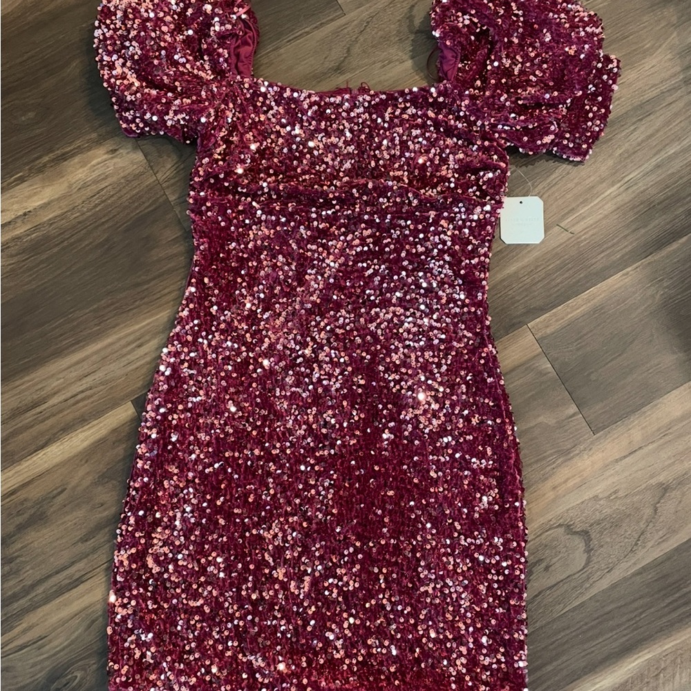 Altar'd State Raspberry Sequin Puff-Sleeve Mini Dress - Picture 2 of 6